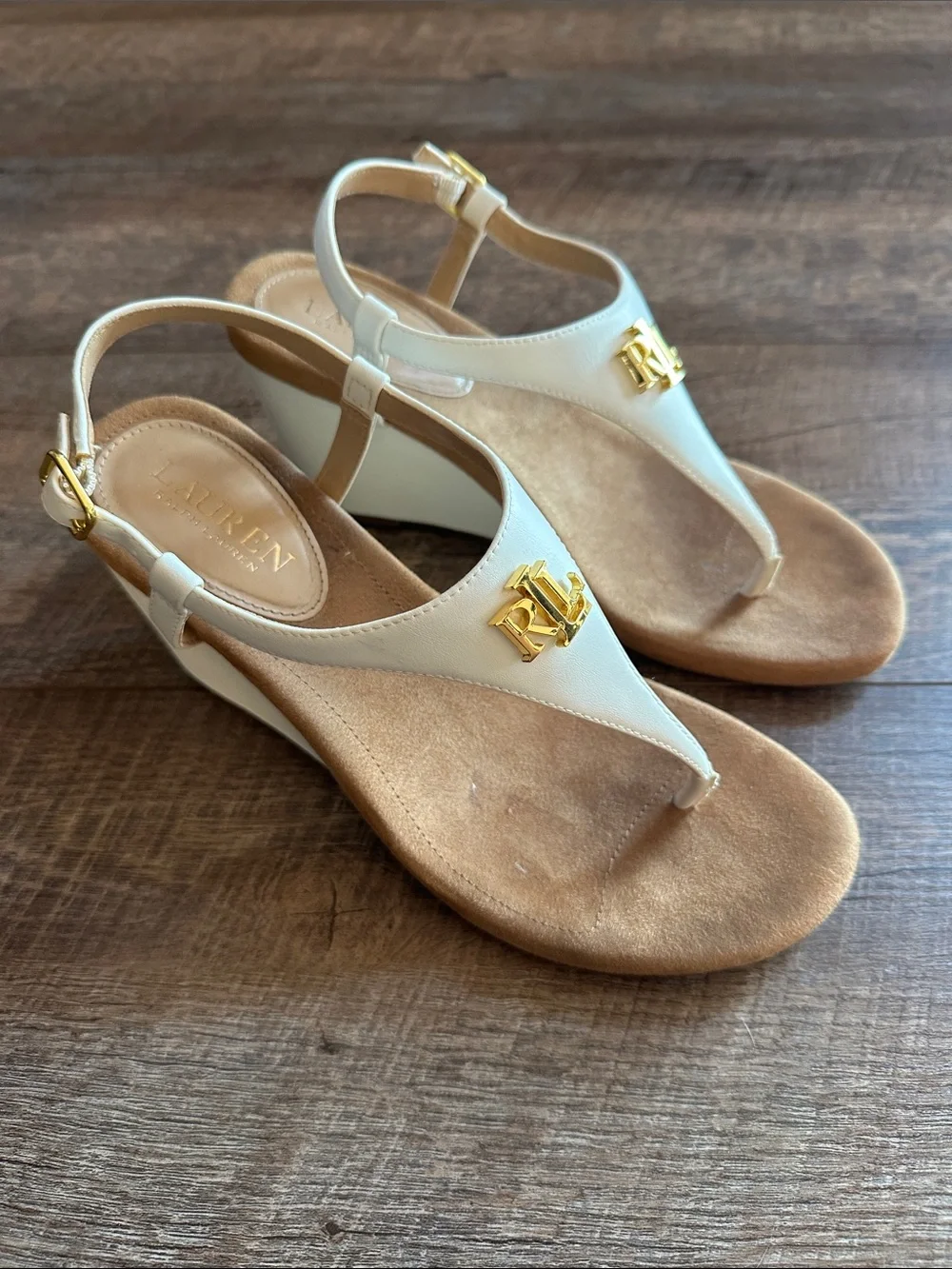 Ralph Lauren Lauren white Wedge Thong Sandals with Gold logo Accent